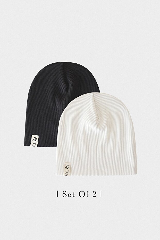 Black - Ecru 2-Piece Rib Beanie