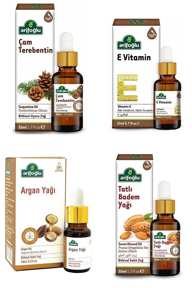 Saç Bakım Seti: Argan Yağı 10 Ml + Tatlı Badem Yağı 50 Ml + Çam Terebentin 50 Ml + E Vitamini 10 Ml - 1