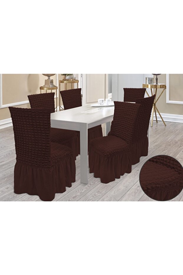 6 Pieces Elastic Chair Cover with Wrinkled Skirt_dark Brown