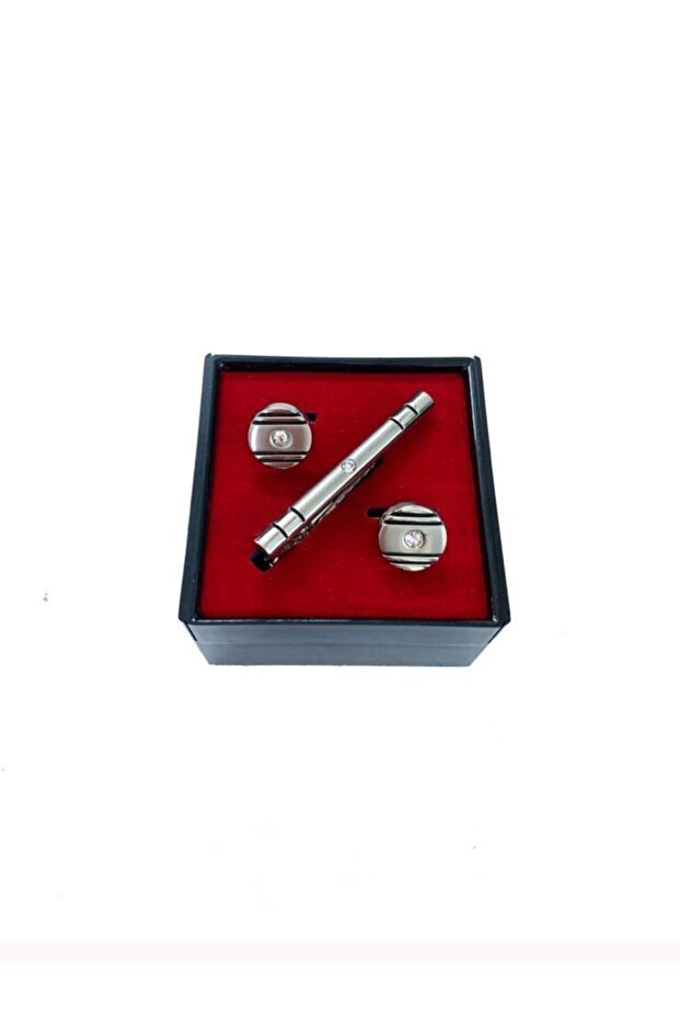 Gümüş Renk Kol Düğmesi Ve Kravat Iğnesi Set Kd-81 - 1