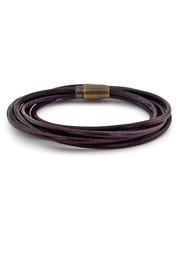Brown Wrapped Genuine Leather Bronze Clip Men's Bracelet M003h