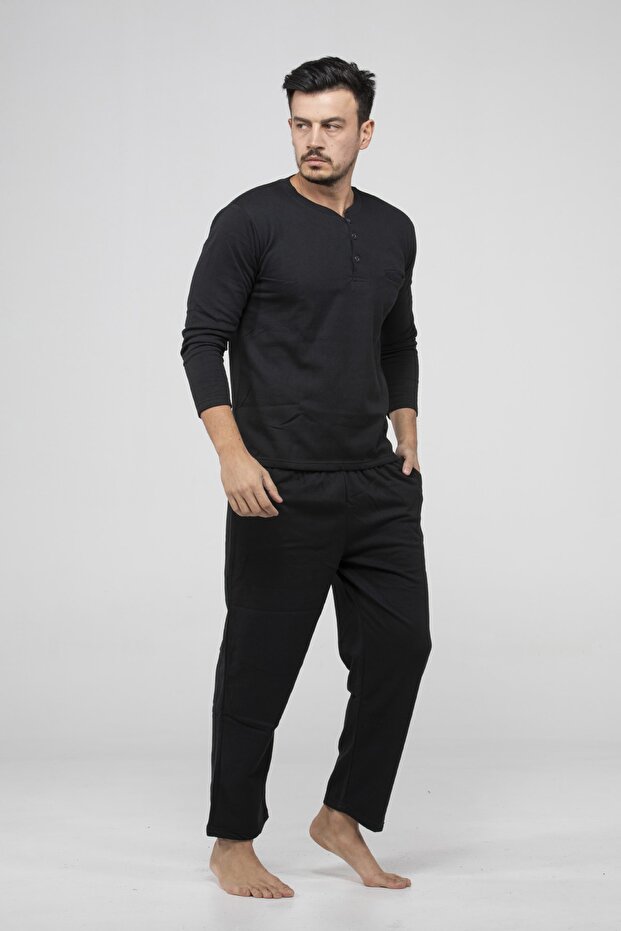 Pamuklu Cepli Erkek Siyah Pijama Takımı - 1