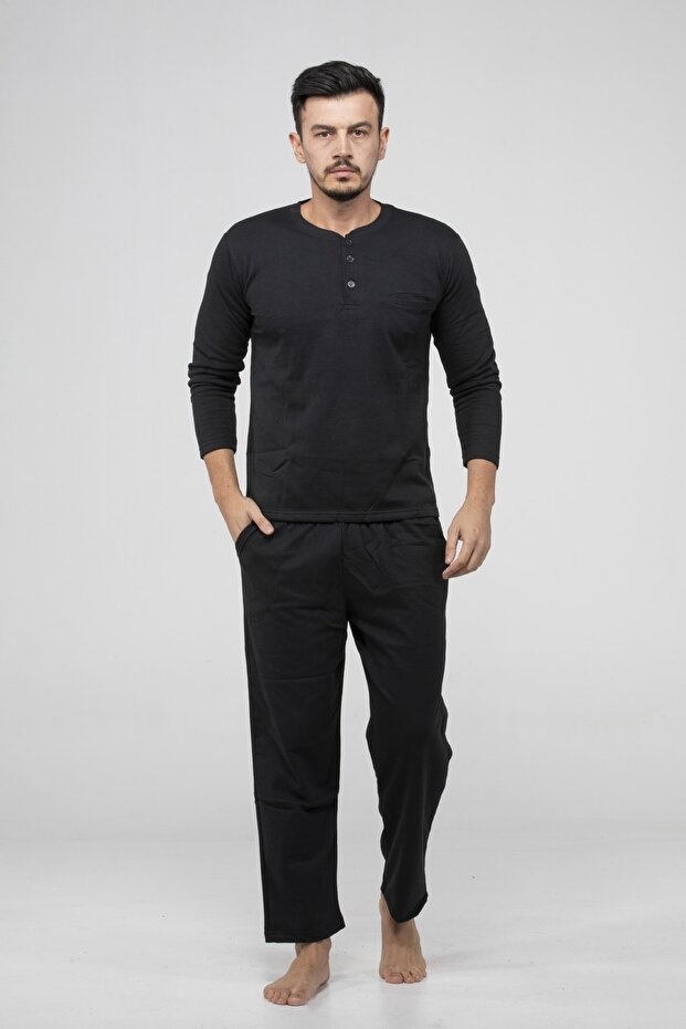 Pamuklu Cepli Erkek Siyah Pijama Takımı - 2