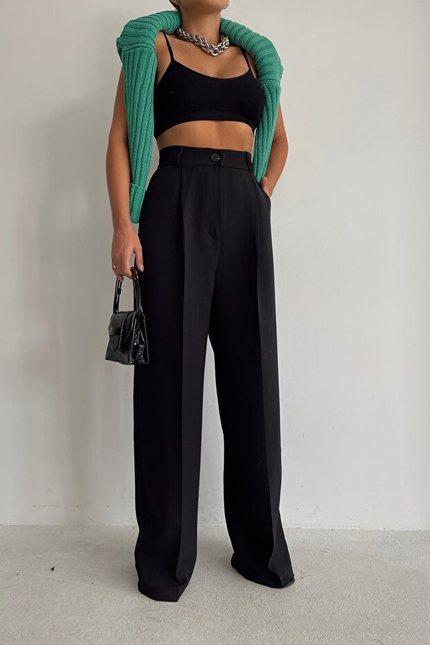 Ψηλόμεσο Basic Palazzo Παντελόνι Μαύρο - 3