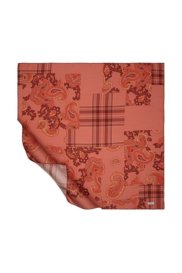 Copper Patchwork Patterned Tivil Silk Scarf - 1