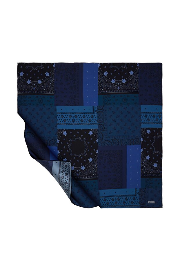 Night Blue Patchwork Patterned Twill Silk Scarf - 1