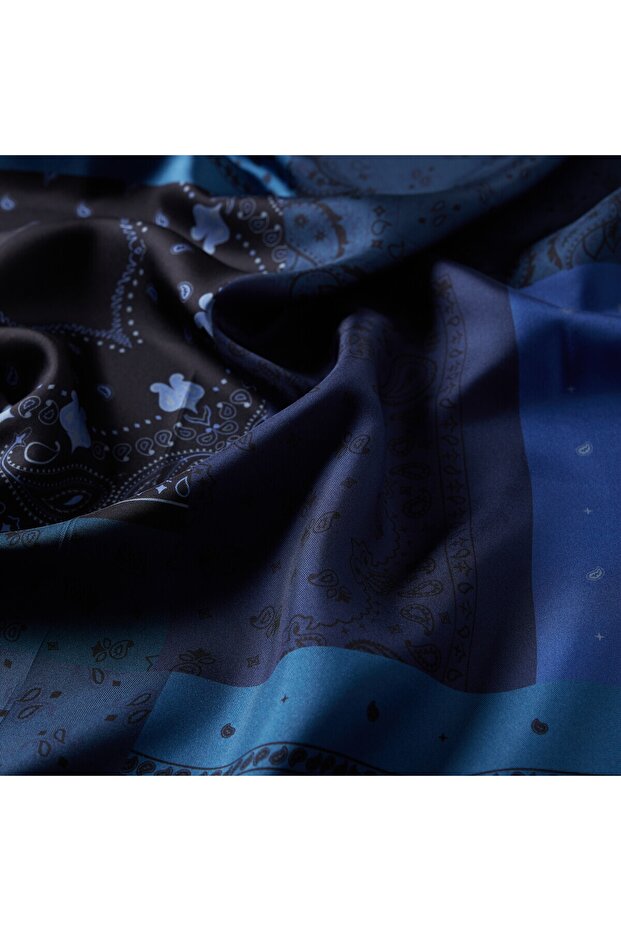 Night Blue Patchwork Patterned Twill Silk Scarf - 2