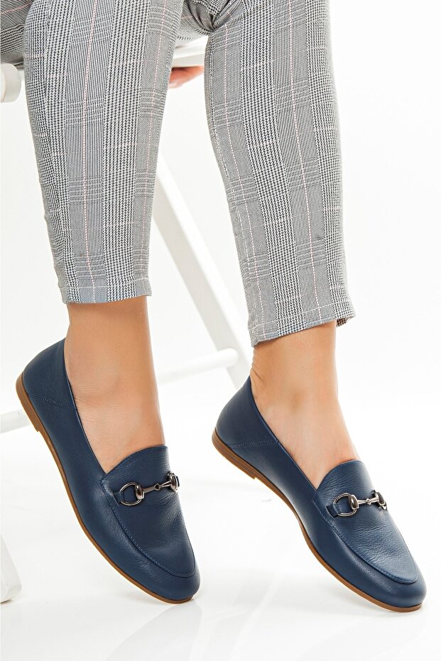 Genuine Leather Navy Blue Women's Leather Loafer Pcc-f05