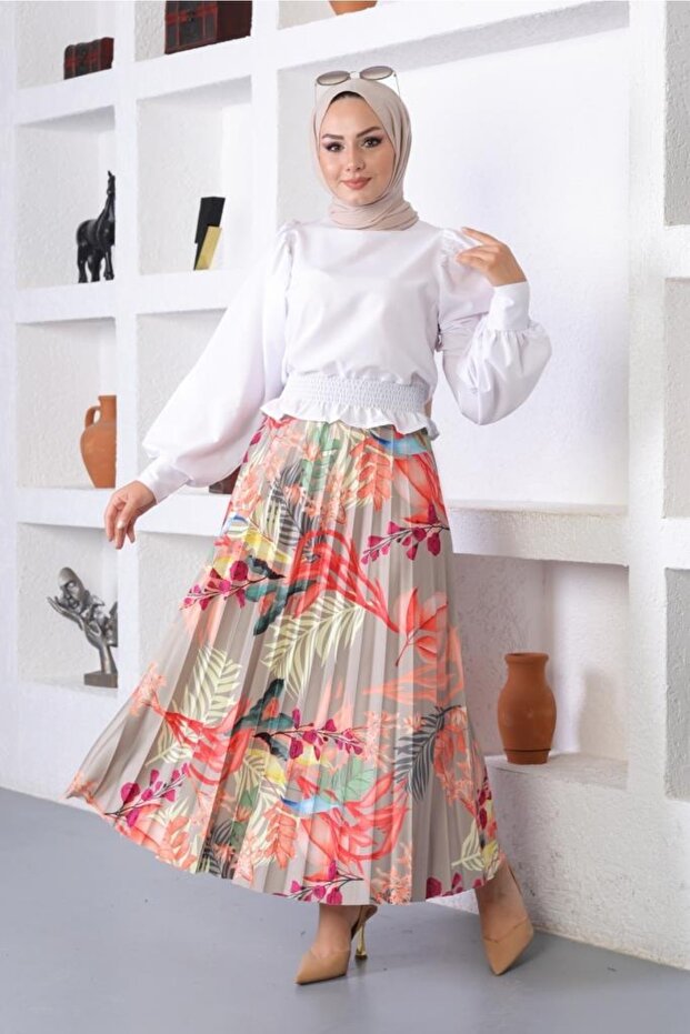 4530 Patterned Hijab Pleated Skirt Çağla