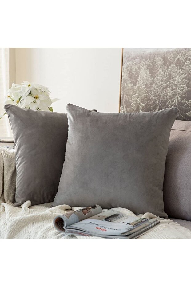 Anthracite Color Premium Velvet Special Throw Pillow Cover 2-Piece 43x43 Cm