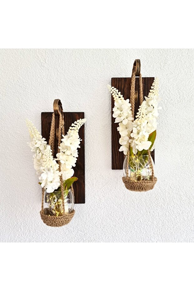 Duvar Dekoru, Led Işıklı, Beyaz Şebboy Çiçekli, Ceviz Aplik İkili Set - 1