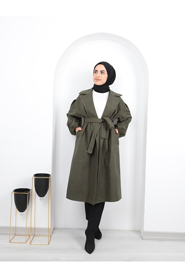 معطف حجاب نسائي بأكمام مجمعة بحزام