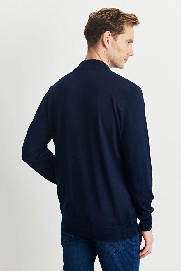 Erkek Lacivert Standart Fit Normal Kesim Yarım Balıkçı Yaka Yünlü Triko Kazak - 5