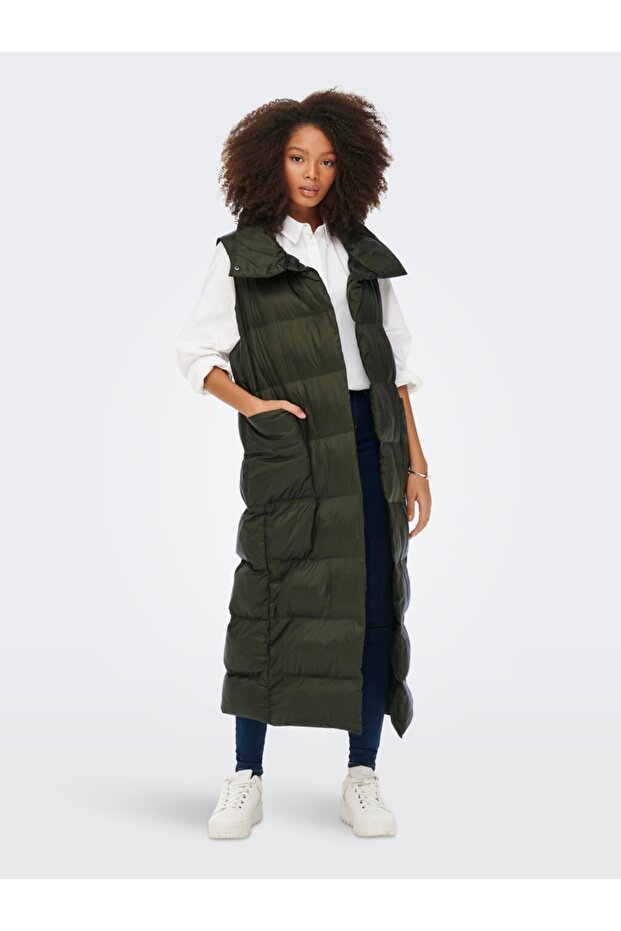 Onlhailey Puffer X-Long Waistcoat with Stand Collar, Hidden Button Long Quilted Puffer Vest