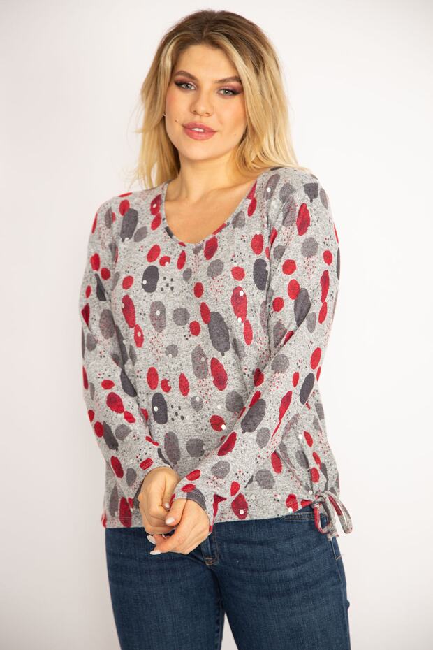 Women's Large Size Gray Glitter Printed Blouse with Tied Hem 65n34849 - 1