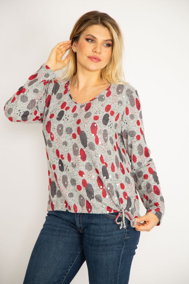 Women's Large Size Gray Glitter Printed Blouse with Tied Hem 65n34849 - 3