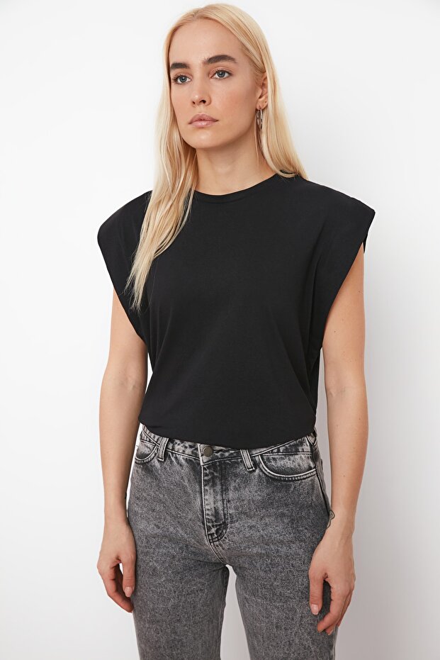 Siyah %100 Pamuk Vatka Görünümlü Basic Bisiklet Yaka Örme T-Shirt TWOSS20TS0021 - 4