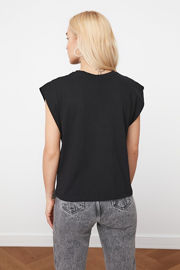 Siyah %100 Pamuk Vatka Görünümlü Basic Bisiklet Yaka Örme T-Shirt TWOSS20TS0021 - 6