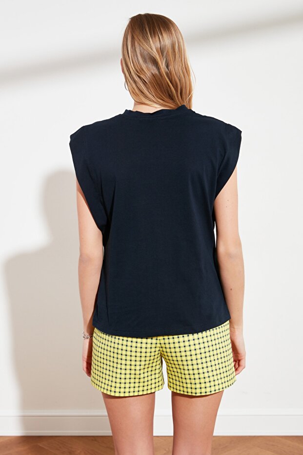 Lacivert %100 Pamuk Vatka Görünümlü Basic Bisiklet Yaka Örme T-Shirt TWOSS20TS0021 - 5