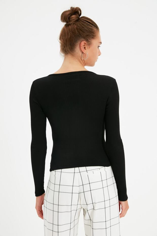 Siyah Fitted/Vücuda Oturan Kruvaze Yaka Uzun Kol Fitilli Esnek Örme Bluz TWOAW21BZ1274 - 9