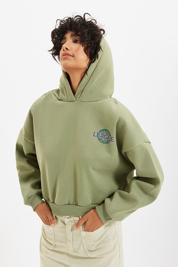 Mint Sırt Baskı Detaylı Kapüşonlu Kalın İçi Polarlı Örme Sweatshirt TWOAW22SW0711 - 3