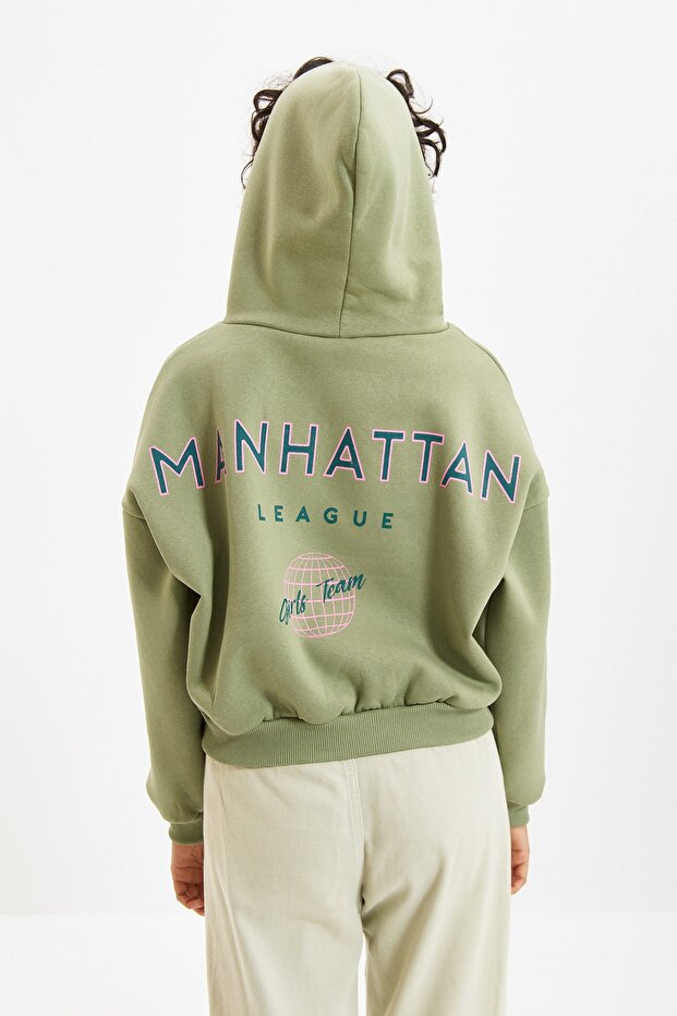 Mint Sırt Baskı Detaylı Kapüşonlu Kalın İçi Polarlı Örme Sweatshirt TWOAW22SW0711 - 7