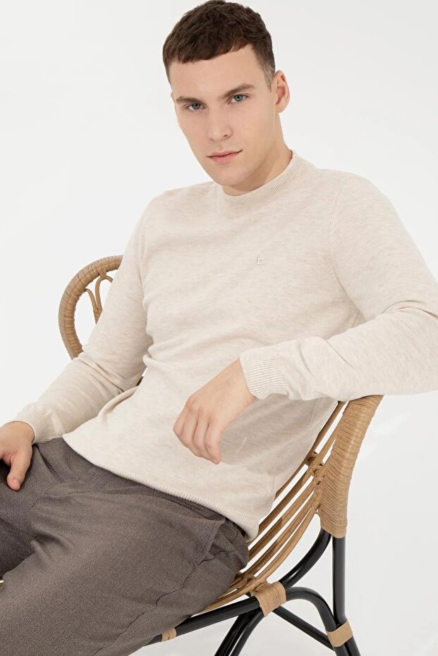 Krem Slim Fit Basic Triko Kazak - 5