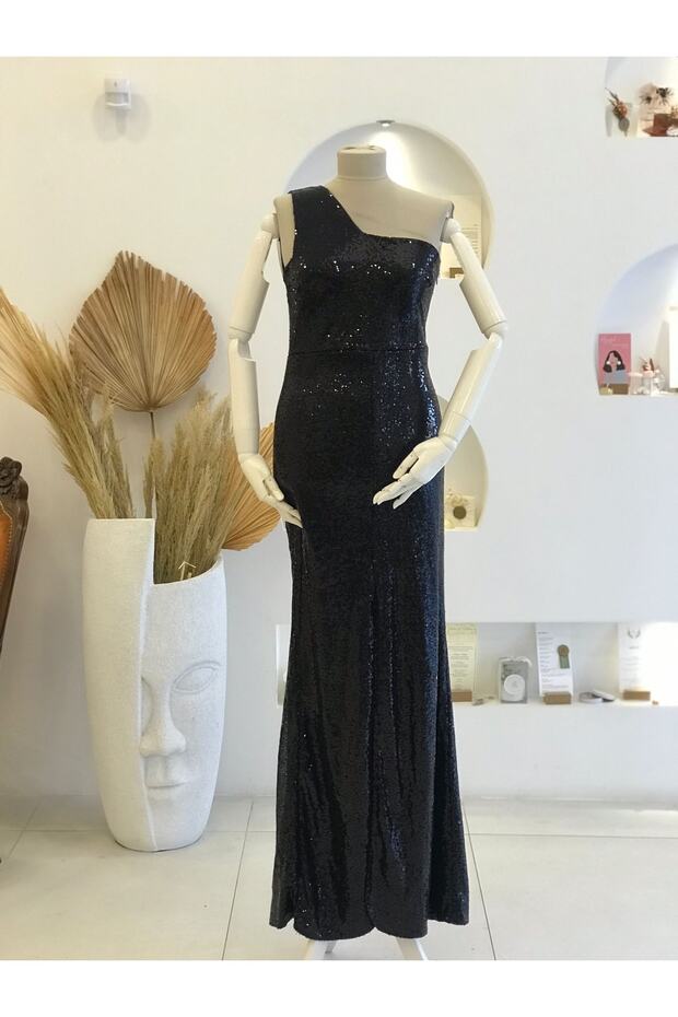 Siyah Pullu Tek Omuz Uzun Abiye Elbise - 1