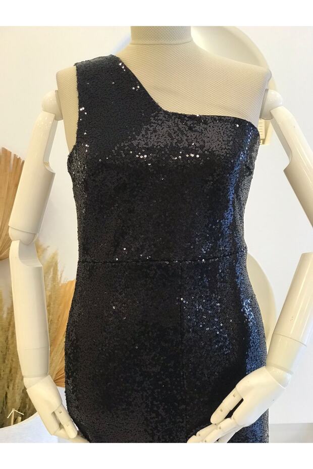 Siyah Pullu Tek Omuz Uzun Abiye Elbise - 4