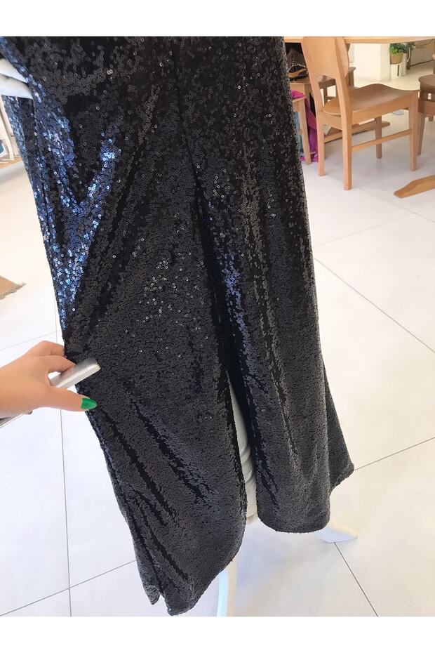 Siyah Pullu Tek Omuz Uzun Abiye Elbise - 5