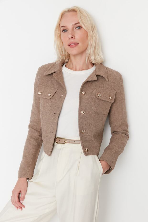 Brązowa dopasowana tkana kurtka TWOAW23CE00252 - 2