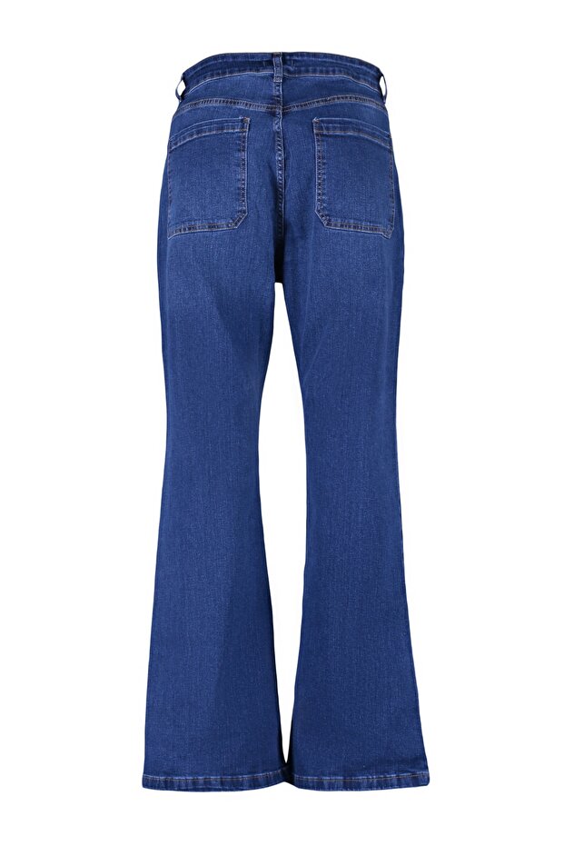Koyu Mavi Yüksek Bel Comfort İspanyol Paça Flare Fit Jean TBBAW23CJ00033 - 10