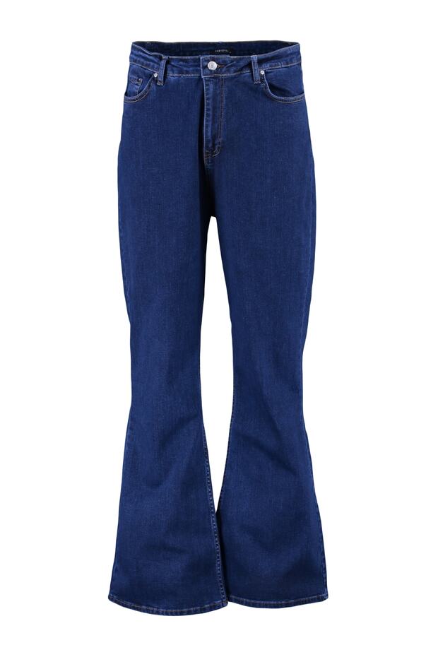 İndigo Yüksek Bel Esnek Kumaş İspanyol Paça Flare Fit Büyük Beden Jeans TBBAW23JE00001 - 10