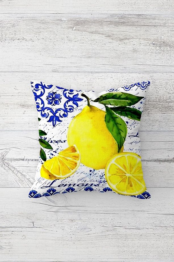Limon Ve Limon Çiçekleri Desenli Gizli Fermuarlı Kırlent Kılıfı Koltuk Yastık Kılıfı Takım(4adet) - 2