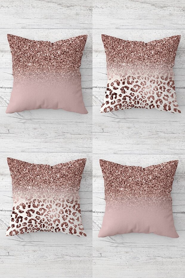 Sequin and Leopard Patterned Concealed Zippered Throw Pillow Cover Sofa Pillow Cover Set (4 Pieces)