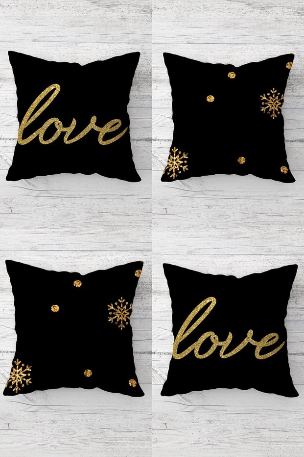 Gold Love and Snowflake Patterned Hidden Zippered Throw Pillow Cover Sofa Pillow Cover Set (4pcs)