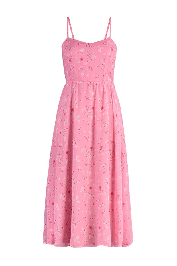 Pembe Çiçekli Şifon Skater/Belden Açılan Askılı Midi Astarlı Dokuma Elbise TWOSS22EL2587 - 6