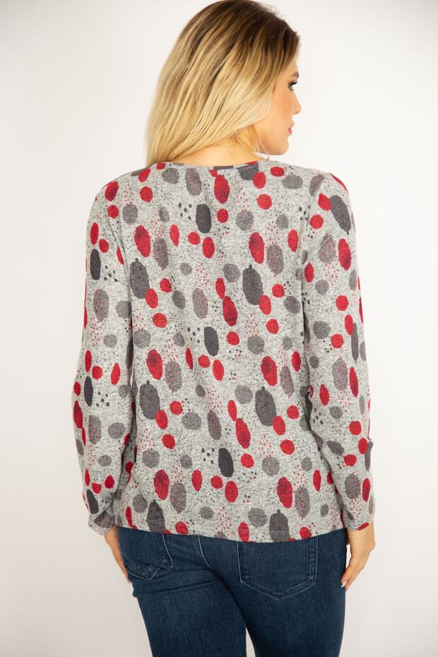 Women's Large Size Gray Glitter Printed Blouse with Tied Hem 65n34849 - 5