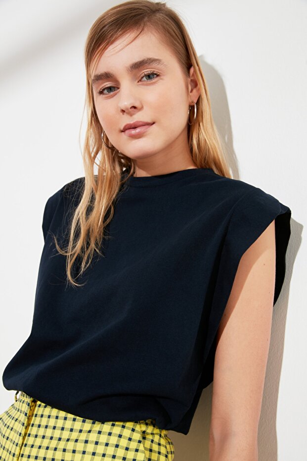 Lacivert %100 Pamuk Vatka Görünümlü Basic Bisiklet Yaka Örme T-Shirt TWOSS20TS0021 - 1