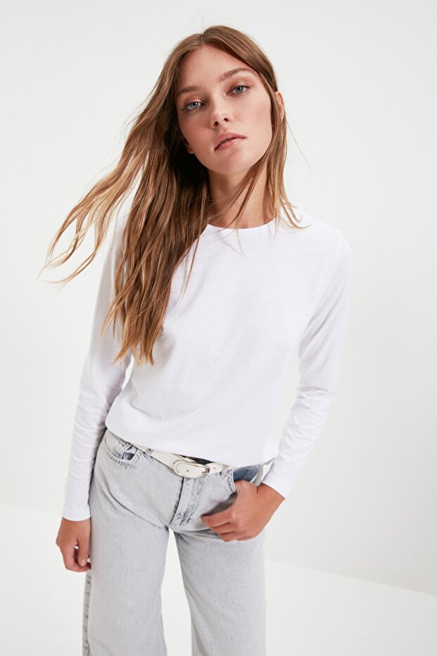 Beyaz %100 Pamuk Uzun Kollu Bisiklet Yaka Regular/Normal Kalıp Basic Örme T-Shirt TWOAW21TS0098 - 9
