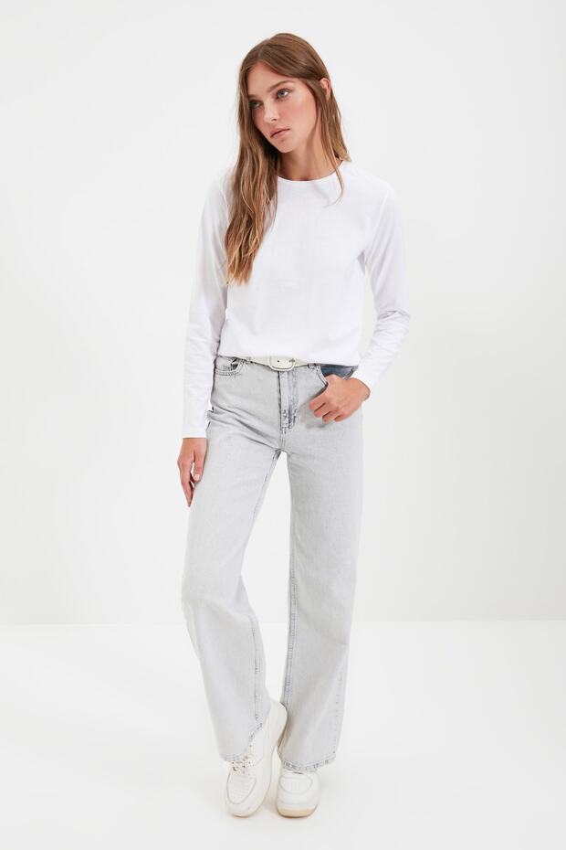 Beyaz %100 Pamuk Uzun Kollu Bisiklet Yaka Regular/Normal Kalıp Basic Örme T-Shirt TWOAW21TS0098 - 10