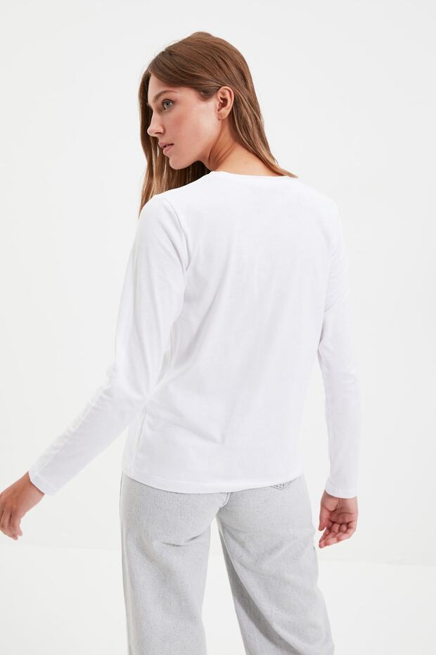 Beyaz %100 Pamuk Uzun Kollu Bisiklet Yaka Regular/Normal Kalıp Basic Örme T-Shirt TWOAW21TS0098 - 13