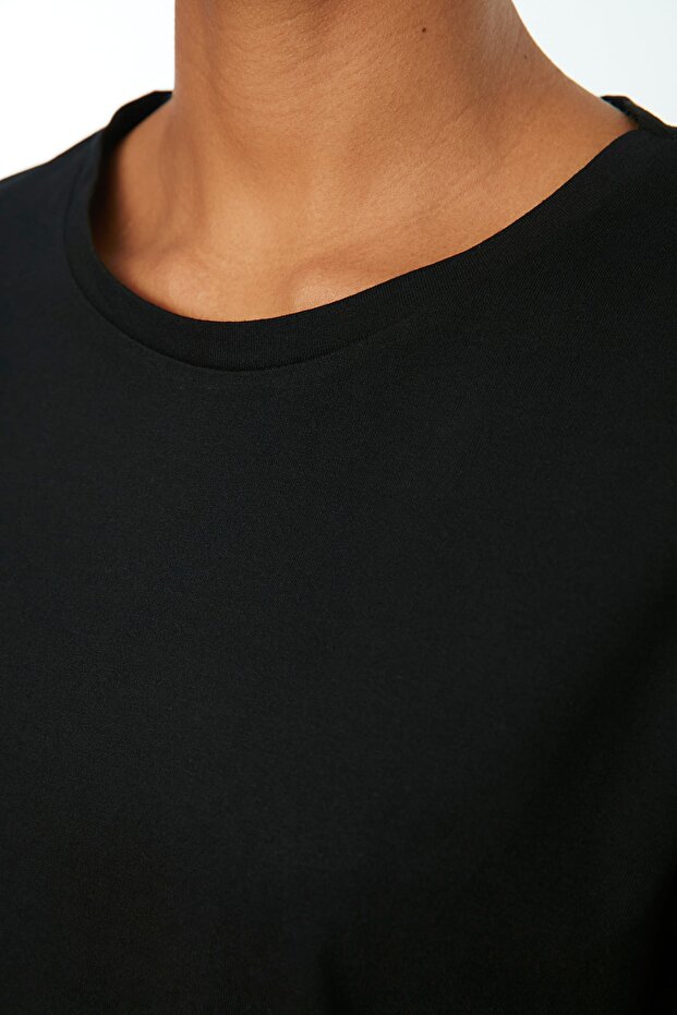 Siyah %100 Pamuk Uzun Kollu Bisiklet Yaka Regular/Normal Kalıp Basic Örme T-Shirt TWOAW21TS0098 - 3