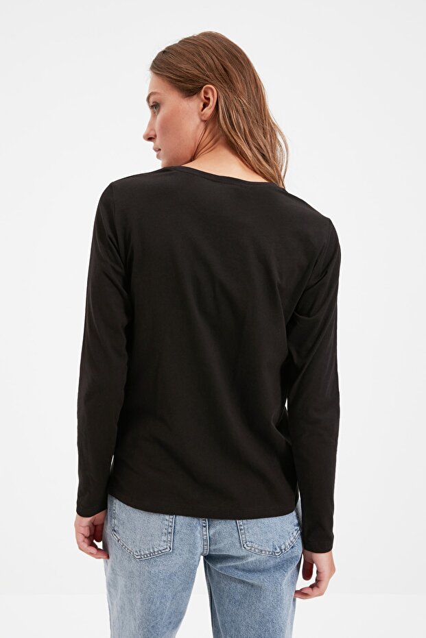 Siyah %100 Pamuk Uzun Kollu Bisiklet Yaka Regular/Normal Kalıp Basic Örme T-Shirt TWOAW21TS0098 - 6
