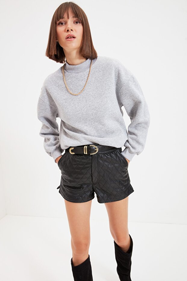 Gri Kalın İçi Polarlı Dik Yaka Relaxed/Rahat Kalıp Örme Sweatshirt TWOAW20SW0584 - 9