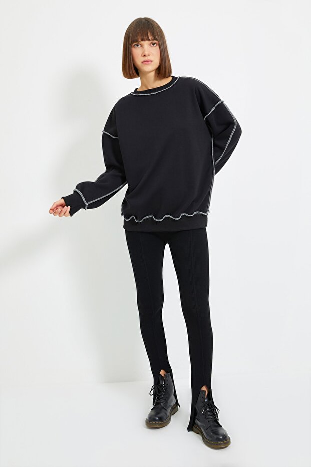 Czarny oversize/szeroki wzór kardigan szyty gruby polar dzianinowy sweter TWOAW22SW0267 - 3