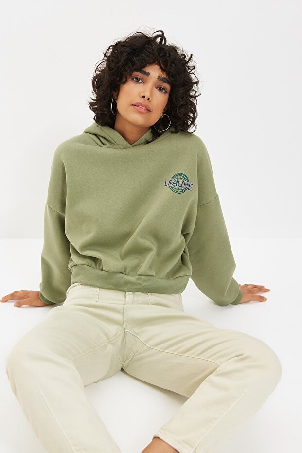 Mint Sırt Baskı Detaylı Kapüşonlu Kalın İçi Polarlı Örme Sweatshirt TWOAW22SW0711 - 5