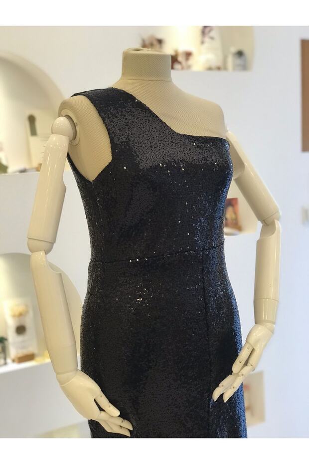 Siyah Pullu Tek Omuz Uzun Abiye Elbise - 3