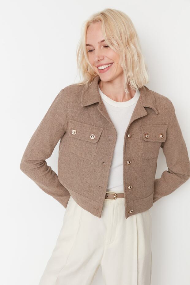 Brązowa dopasowana tkana kurtka TWOAW23CE00252 - 1