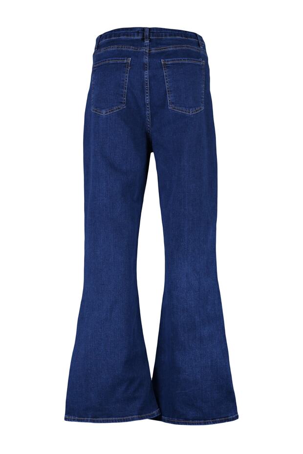 İndigo Yüksek Bel Esnek Kumaş İspanyol Paça Flare Fit Büyük Beden Jeans TBBAW23JE00001 - 11